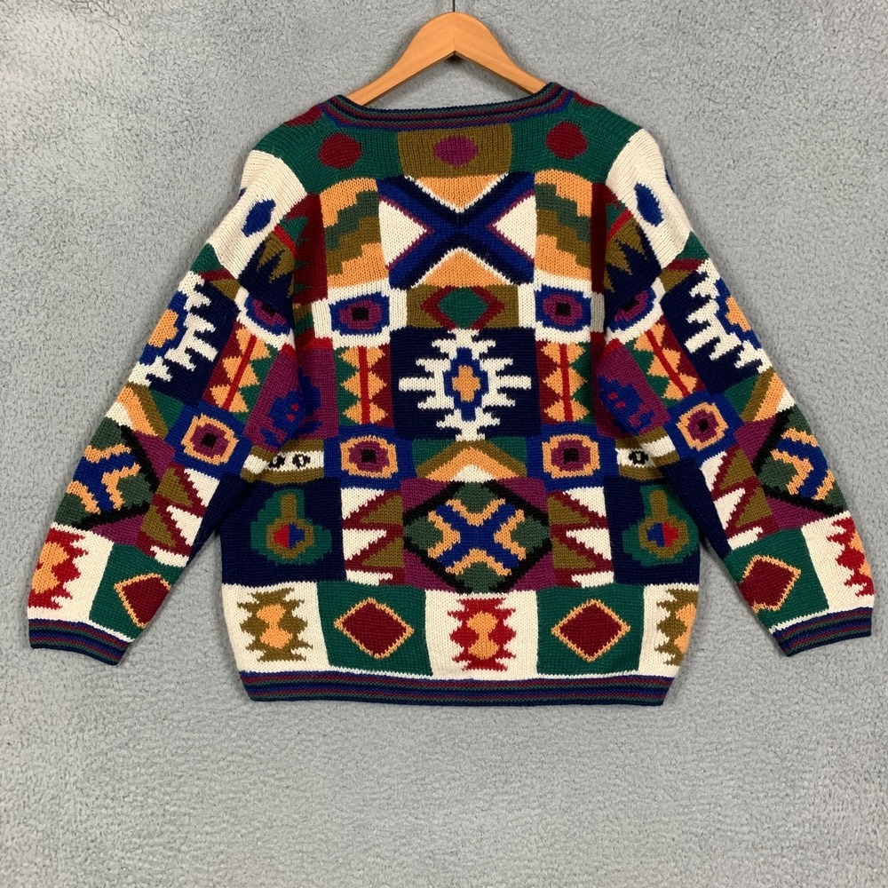 Peruvian Aztec Alpaca‎ Wool Geometric Colorful Chunky Cardigan Sweater Large VTG - Picture 4 of 7